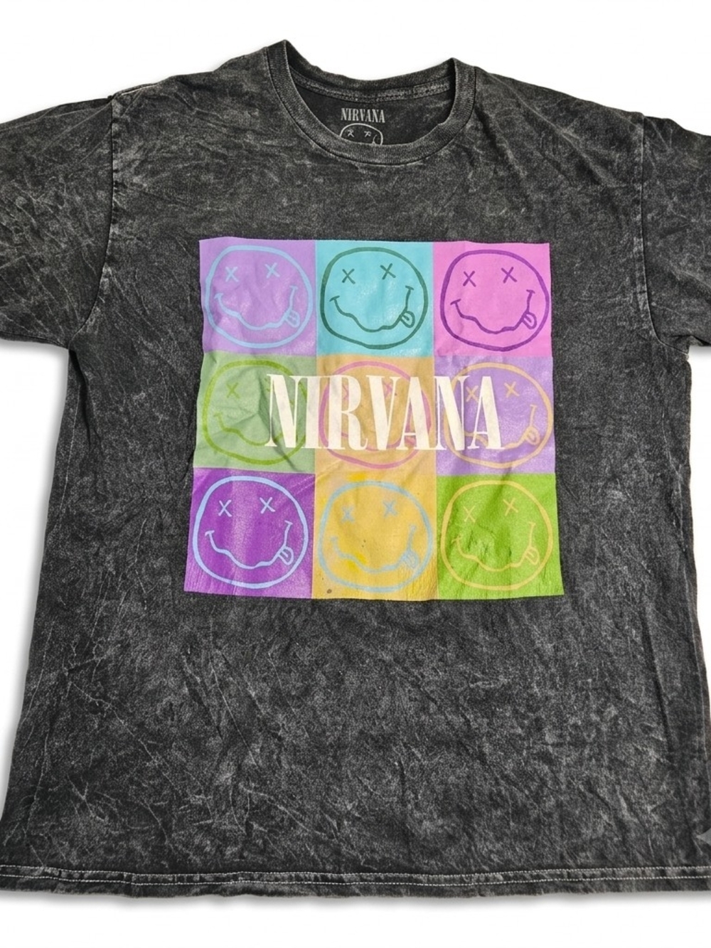Nirvana Neon Pop Art Smiley Face Acid Wash Band Graphic Tee Shirt Mens Large L